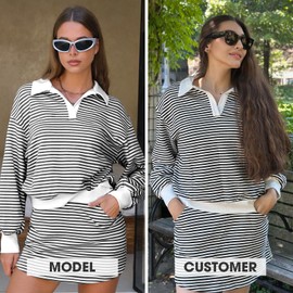 EXLURA Women Fall Two Piece Sets Cotton Striped Set Sweatshirt Matching Skort Skirt Sweatsuits Workout Tracksuit Outfits 2025
