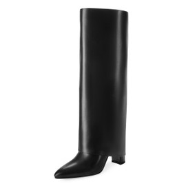 Modatope Black Womens Boots Chunky Heel Fold Over Knee High Boots Pointed Toe Dress Boots Fashion Black Tall Boots Zipper Long Boots Size 9