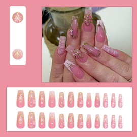 24 Pcs Press On Nails Medium Coffin Square Nail Tips,YEFIUO Fake Nails Press ons French Glue on Nails Acrylic Nail Art Kit Full Cover False Nails with 3D Gilded Flowers Charms Glitter Design Women