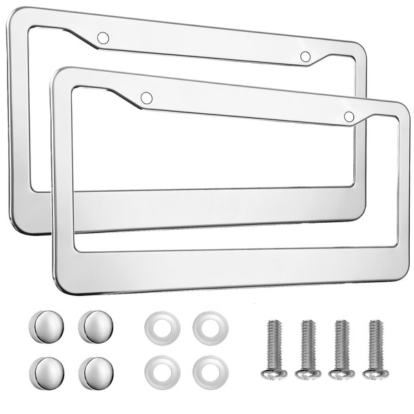 lengnoyp 2PCS Chrome License Plate Frame, 2 Holes Silver Stainless