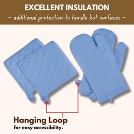 Native Fab Pot Holders and Oven Mitts Sets for Kitchen Heat Resistant - Hanging Non-Slip - 100% Cotton Kitchen Oven Mitts and Pot Holders 4-Piece Set - Blue