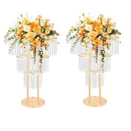 RocoReny 2Pcs 3 Tiers Wedding Centerpieces Vase, 28.4In Gold Acrylic Flower Vase with Hanging Crystals, Round Chandelier Pedestal Stand for Party Table Decoration Lawn Hotel Opening Ceremony (3 Tires)