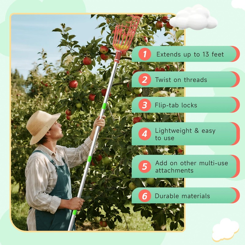 SHOUNAJIA 5-13FT Fruit Picker, Adjustable Long Handle Fruit Picker Pole