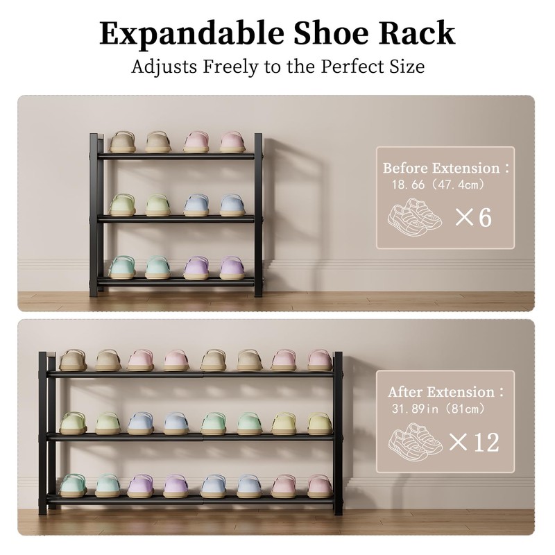 EKETE Expandable Shoe Rack,Adjustable and Stackable 3-Tier Shoe Rack Organizer,