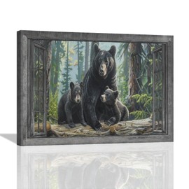 Black Bear Wall Art Forest Window Canvas Cabin Living Room Pictures Prints Animal Wall Decor Painting Artwork for Bedroom Dining Office Home 16"x12"
