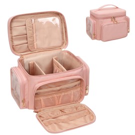 Cosmetic Bag Large Travel Make Up Bag Women's Makeup Bag with Brush Holder Compartment, Portable Makeup Bag Organiser, pink, Large cosmetic bag
