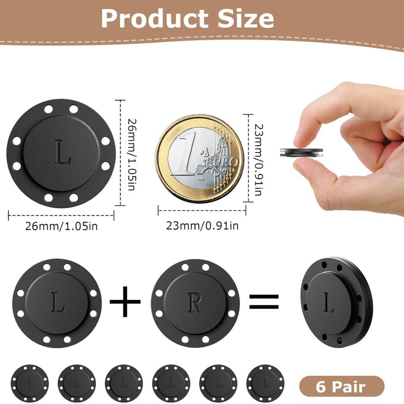 Magnetic Buttons,6 Pairs 26 mm Magnetic Press Studs for Sewing,Magnetic