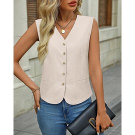 Gaharu Vest for Women Dressy: Beige L Cotton Linen V Neck Blazer Vests - Business Formal Casual Summer Waistcoat - Professional Button Up Tank Tops for Fashion Pioneers