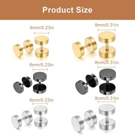 WMUVAZA Black Stud Earrings for Men 6 Pairs of Black Fake Plugs Earrings Screw Helix Tragus Piercing Allergy Free Stud Earrings Ear Piercing Men and Women, Silver, pirit