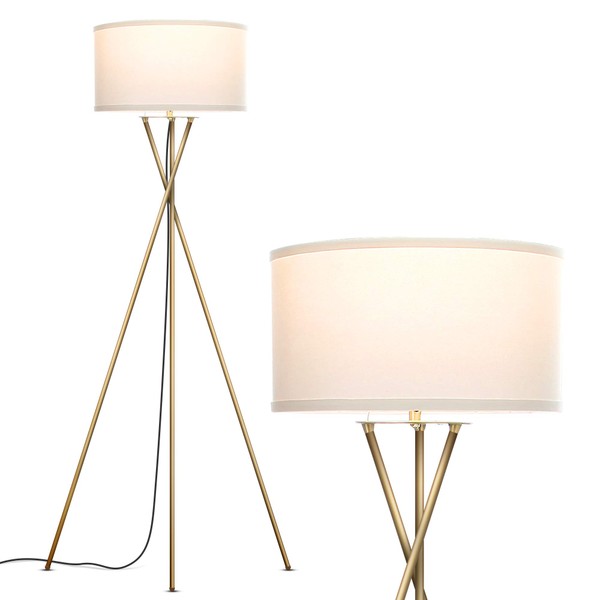 Brightech Jaxon LED Floor lamp, Modern Lamp for Living Rooms & Offices, Tall Lamp with Contemporary Drum Shade, Gold Tripod Standing Lamp for Bedroom Reading, Great Living Room Decor - Brass