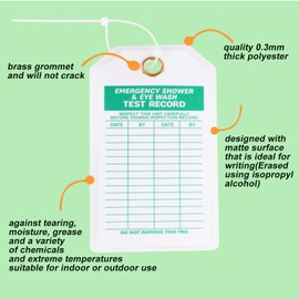 Lionshop Heavy Duty Legend "Emergency Shower & Eye WASH Test Record ", Double-Sided Inspection Tag, 5.75" Height x 3" Width, 0.375" in Brass Eyelet Size, Green Ink on White, Polyester (Pack of 25)