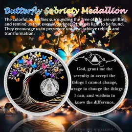 IELCJJ 8 Month Delicate Sobriety Coin, Recovery Colorful Butterfly Tree of Life Sobriety Chip AA NA Medallions Sober Token AA Coin Alcoholics Anonymous Recovery Gifts for Men Women