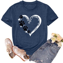 sallrue Dog Mom Shirts for Women Dog Lover Tshirts Cute Paw Love Heart Print Tee Tops Blue