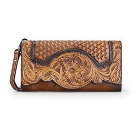 LETEULO Women's Leather Large Purse Vintage Large Long Purse Women Purse Three-Dimensional Pattern Clutch Leather with Zip, coffee, Retro