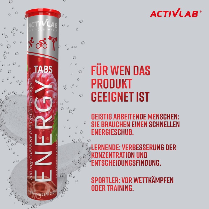 Activlab Energy Tabs 20 Effervescent Tablets, Raspberry Flavour, 200 mg
