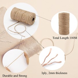 100M Natural Jute Twine, 3Ply Jute String Rope for Gift Wrapping, DIY Arts & Crafts, Gardening, Bottles, Bundling, Floral Arrangement, Baskets, Home and Wedding Decoration, 2mm Gardening Twine