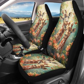 BIGCARJOB 2 Pack Animal Giraffe Car Seat Cover Set for Front Only,Lovely Giraffe Print Auto Front Seat Protector Vehicle Bucket Seat Cover for Women Men Auto Accessories