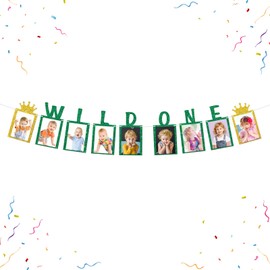 WeBenison Wild One Photo Banner Girls Boys 1st Birthday Wedding Paper Photo One Wild Year Birthday Bunting Decorations Baby Shower Picture Banner Green Glitter