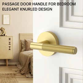 FILTA 3 Pack Gold Door Handles Interior Passage Round Door Handle Knobs Knurled Heavy Duty Keyless Door Lever Lock for Bedroom and Bathroom