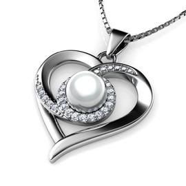 DEPHINI Passion Pearl Necklace Heart Necklace Cubic Zirconia 925 Sterling Silver Women's Jewellery Gifts for Women