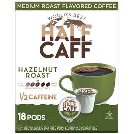 World's Best Half Caff Hazelnut Coffee 18ct. Solar Energy Produced Recyclable Single Serve Half Caff Hazelnut Coffee Pods - 100% Arabica Coffee California Roasted, KCup Compatible