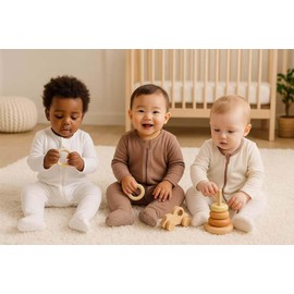 Owlivia Organic Cotton Baby Pajamas, Boys Girls 3-Pack Zip Front Sleep 'N Play, Footed Sleeper, Long Sleeve(Newborn, Brown&Beige&Ivory White)