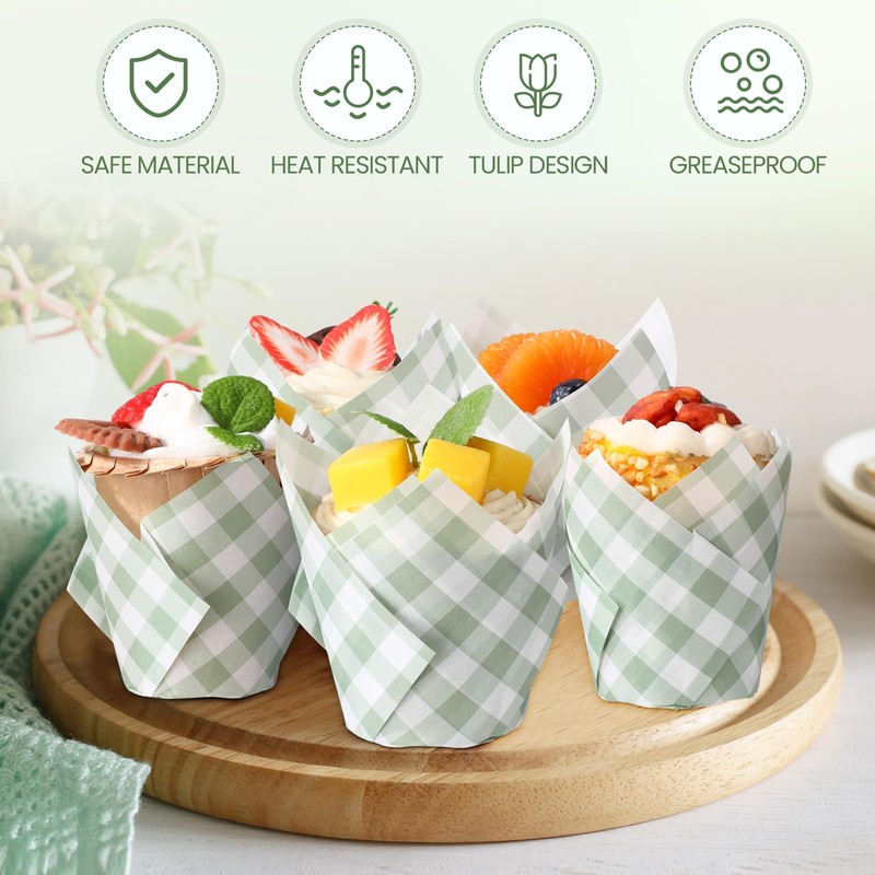 Maxdot 200 Pcs Sage Green Plaid Tulip Cupcake Liners for