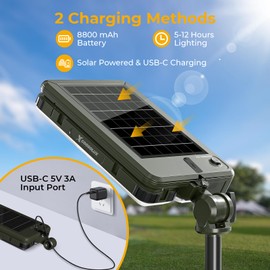 COOSOLUX Outdoor Solar Camping Lights with 2 Lighting Heads, IP65 Waterproof LED Work Light, Cordless Solar Powered & USB-C Stand Floor Light with Iron Telescoping Tripod for Fishing Garden 1 Pack