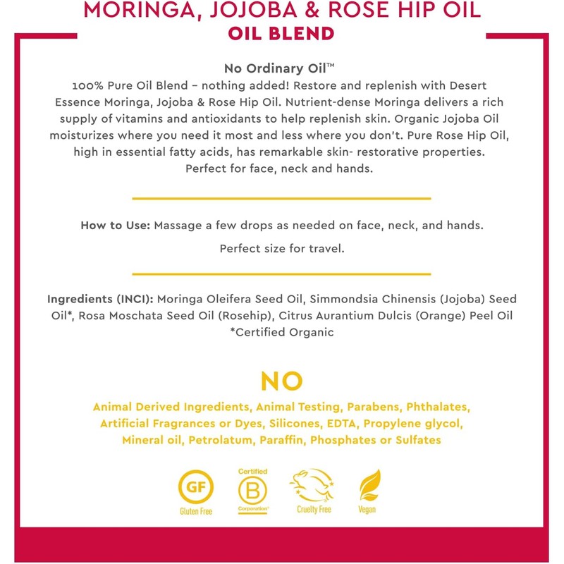 Desert Essence - Aceite de Moringa, Jojoba y Escaramujo para