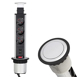 Lumonic LiftBox 3 x Schuko Sockets + 2 x USB 2.4 A Table Sockets Aluminium I 3 Sockets with 230 V in Tower Max. 3600 W I with Drill Hole Size 107 mm Idea