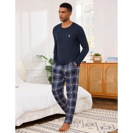 Jahetuul Men's Pyjamas Sets Cotton Long Sleeve Pjs for Men Loungewear Set Solid Top and Plaid Bottoms Nightwear with Pockets S-4XL
