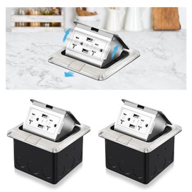 Vagueior Recessed Floor Electrical Outlet Kit,Waterproof Electrical Outlet Covcer Box,Hidden 4.8A USB+20A Tamper-Resistant Receptacle Outlet with Slow Damping ，ETL Certified,Stainless Stee(2 Pack)