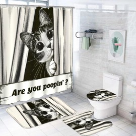 Yeoiat 4 Pcs Cat Shower Curtain Sets Funny Shower Curtain Set are You Pooping Shower Curtain Sets Bathroom Decor with 12 Hooks Cat-A 72"x72"
