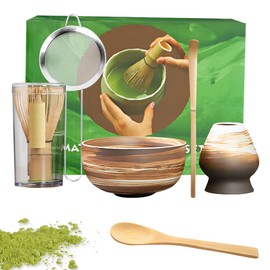 XPJBKC Matcha Whisk Set, 6 PCS Matcha Kit, Matcha Set with Matcha Whisk and Bowl, Matcha Spoon, Sifter and Matchas Whisks Holder, Matcha Bowl Set, Matcha Tea Set Accessories, Macha Tea Kit, Brown