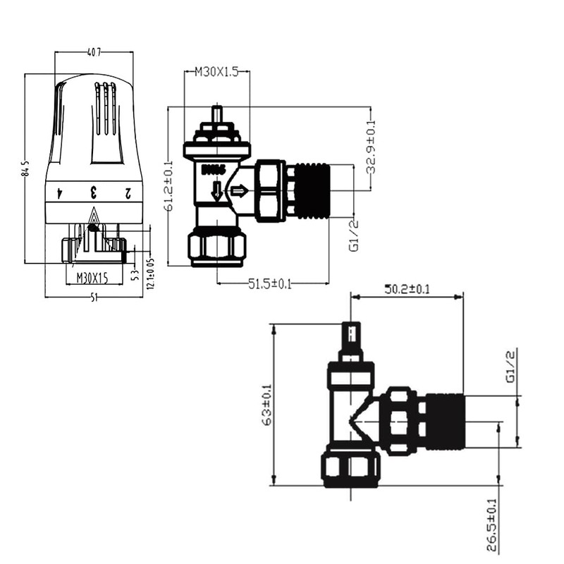 NRG 15mm Black TRV Thermostatic Radiator Valve + Lockshield Angled