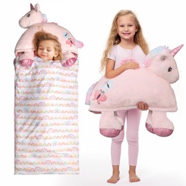 SHALALA NEW YORK Toddler Nap Mat with Pillow & Blanket for Girls, Sleeping Bag Nap Mat, Pink Horse Soft Plush Slumber Bag for Girls 64" x 26"