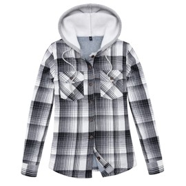 Womens Fleece Hooded Flannel Shirts Plaid Button Down Flannel Shirt Hoodie Jacket with Pockets (Black and White, XL)