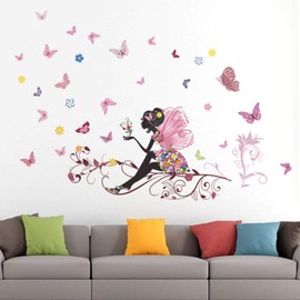 Pegatinas de Pared, Vinilos Decorativos Pared Chica Etiqueta de Pared de PVC Extraíble de Hadas y Mariposas Decoración del Hogar para Dormitorio de Niña