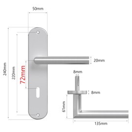 AwmnSrman Door Handles, Interior Doors, Door Handle, Door Fitting, Door Fitting, Room Door Set, 72 mm BB-B Deadlock Set, 1 Set, Modern Stainless Steel, 2 Door Handles and 2 Long Plates 240 x 50 mm