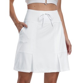 MoFiz Tennis Skort Women's Tennis Skirts High Waist Stretch Golf Skirt Sports Skirt Outdoor Skirt Knee-Length Sports Skirt with Inner Shorts, White