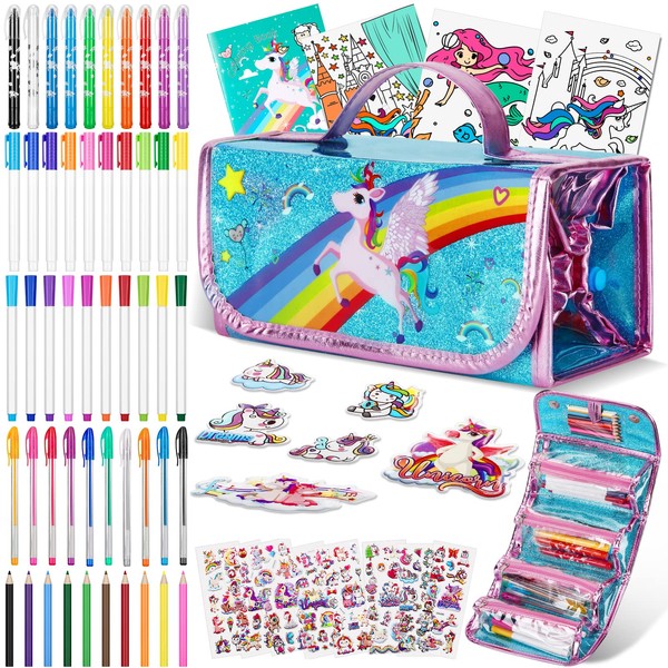 Auney Arts and Crafts for Kids age 3 4 5 6 7 8 9 10 +,60pcs Fruit Scented Markers Colouring Set with Unicorn Pencil Case,Crayons,Glitter Gel Pen,Colored Pens,Unicorn Gifts for Girls Toys 3-12 Year Old