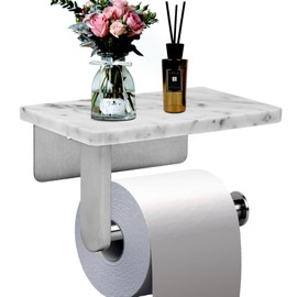 Toilet Paper Holder with Natural Marble Shelf for Bathroom Washroom,Wall Mounted Tissue Holder Suitable for Mega Roll (Brushed Nickel,Small 6.7 * 4.3 in)
