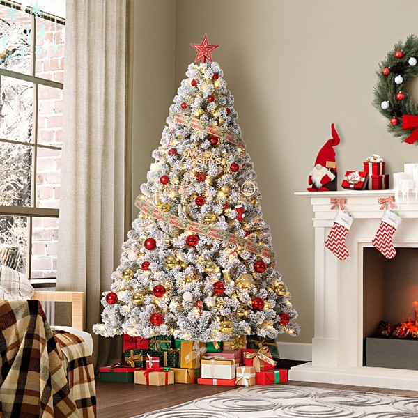 7.5Ft Artificial Christmas Tree with Warm White Lights, Realistic Flocked