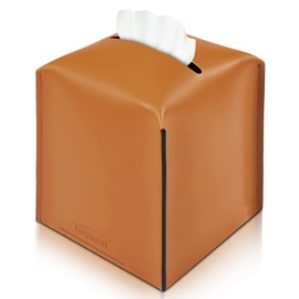 Raymen Tissue Box Cover, Modern Saddle Leather Square Tissue Box Holder - Decorative Holder Organizer for Bathroom Vanity Countertop, Night Stands, Office Desk & Car 5"X5"X5.3" (Tan)