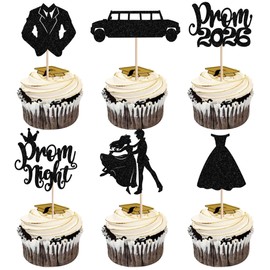 24 PCS Prom Cupcake Toppers Prom Decorations for Party 2026 Prom Night Cupcake Picks Class of 2026 Graduation Cake Decorations 2026 College Graduation Theme Party Supplies Black