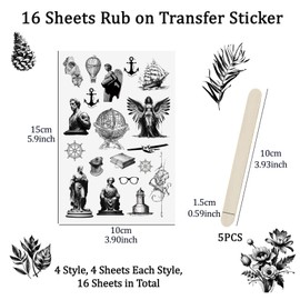 WANDIC Rub On Transfer Sticker, 16 Sheets European Style Transfer Decals Architectural Flowers Scrapbook Stickers for Making Greeting Cards Gift Wrapping Journal