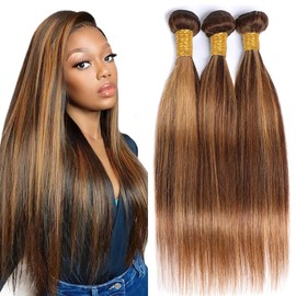Biliisyff P427 Ombre Highlight Bundles Dark Brown and Honey Blonde Human Hair Bundles Chocolate Brown #4 & #27 Piano Color Mix Straight Brazilian Human Hair Extensions 24 24 24 Inch