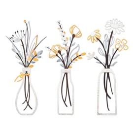 3PCS Metal Flower Wall Decor,Rustic Farmhouse Floral Vase Arts Decors,Minimalist Flower Natural Themed for Living Room,Bedroom,Kitchen,Dining Room Housewarming Gifts (Beige Gold)