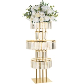 LANLONG Gold Crystal Vases for Centerpieces, 47.2in Metal Pedestal Stands for Table Chandelier Centerpiece Wedding, 5 Tier Round Flower Stand for Wedding Reception Birthday Party Events Home Decor