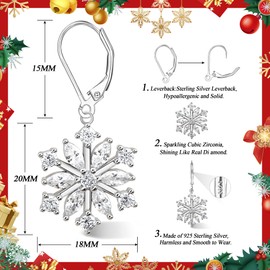 Milacolato 925 Sterling Silver Snowflake Drop Earrings for Women 18K White Gold Plated Leverback Dangle Christmas Snowflake Earrings High Polished Silver Dangle Drop Earrings